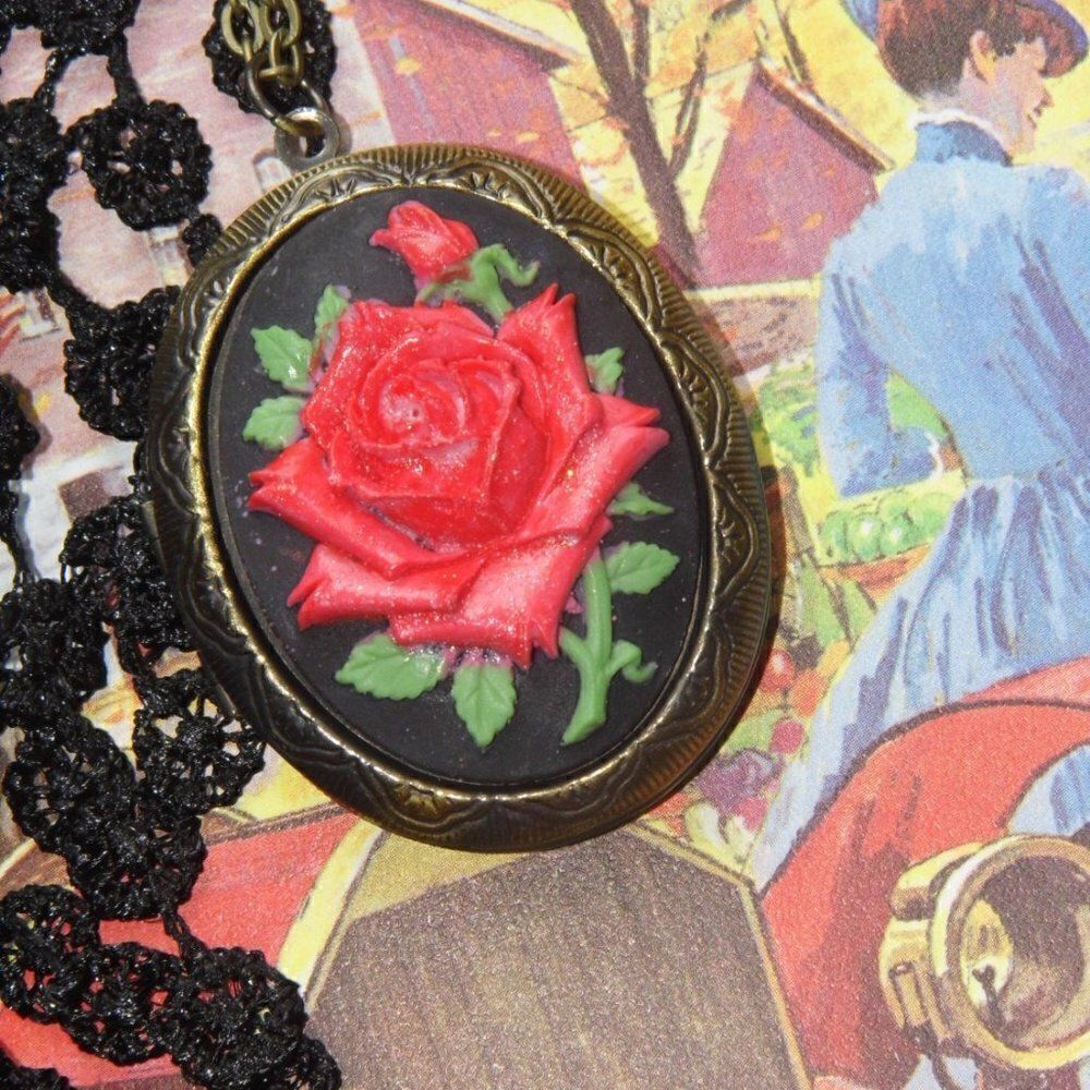 Hand Painted Red Rose Cameo Necklace Locket Photo